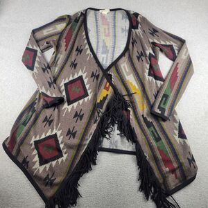Toska Cardigan Womens Large Multicolor Aztec Print Open‎ Front Fringed Tribal